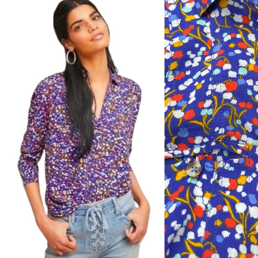Anthropologie Conversations 9 of 52 Button-up Pop Potpourri blue Floral Top SZ 0